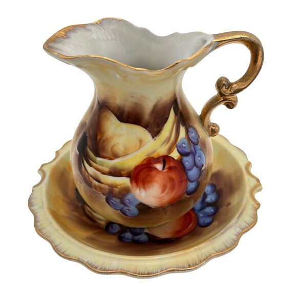 Enesco Small Pitcher And Bowl Vtg 60s Farm Country Style Fruit E2360 Japan - Picture 1 of 10
